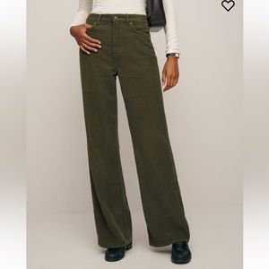 Reformation - Cary High Rise Slouchy Wide Corduroy Pant - Dark Olive